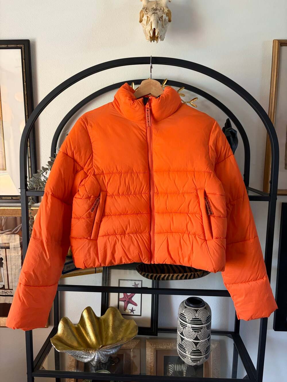 Stoic Womens Small Orange Cropped Puffer Jacket Zip Pockets Winter Coat
